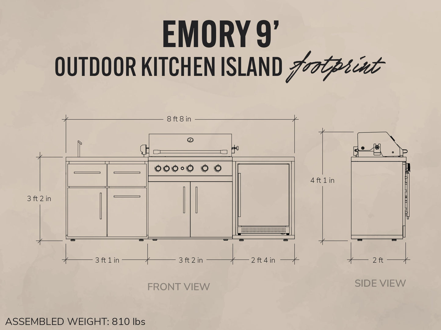 Diagram of an outdoor kitchen island with dimensions labeled on a beige background