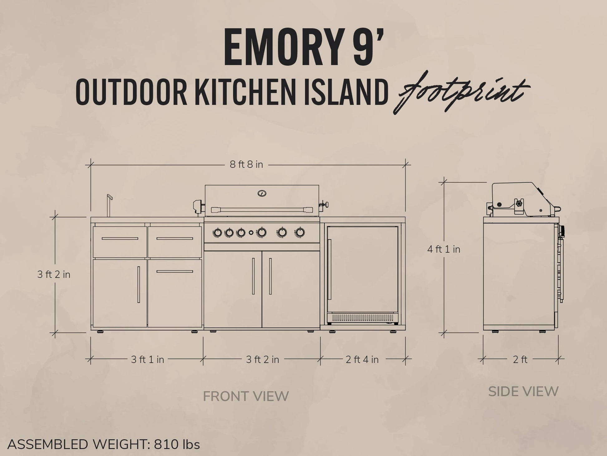 Diagram of an outdoor kitchen island with dimensions labeled on a beige background