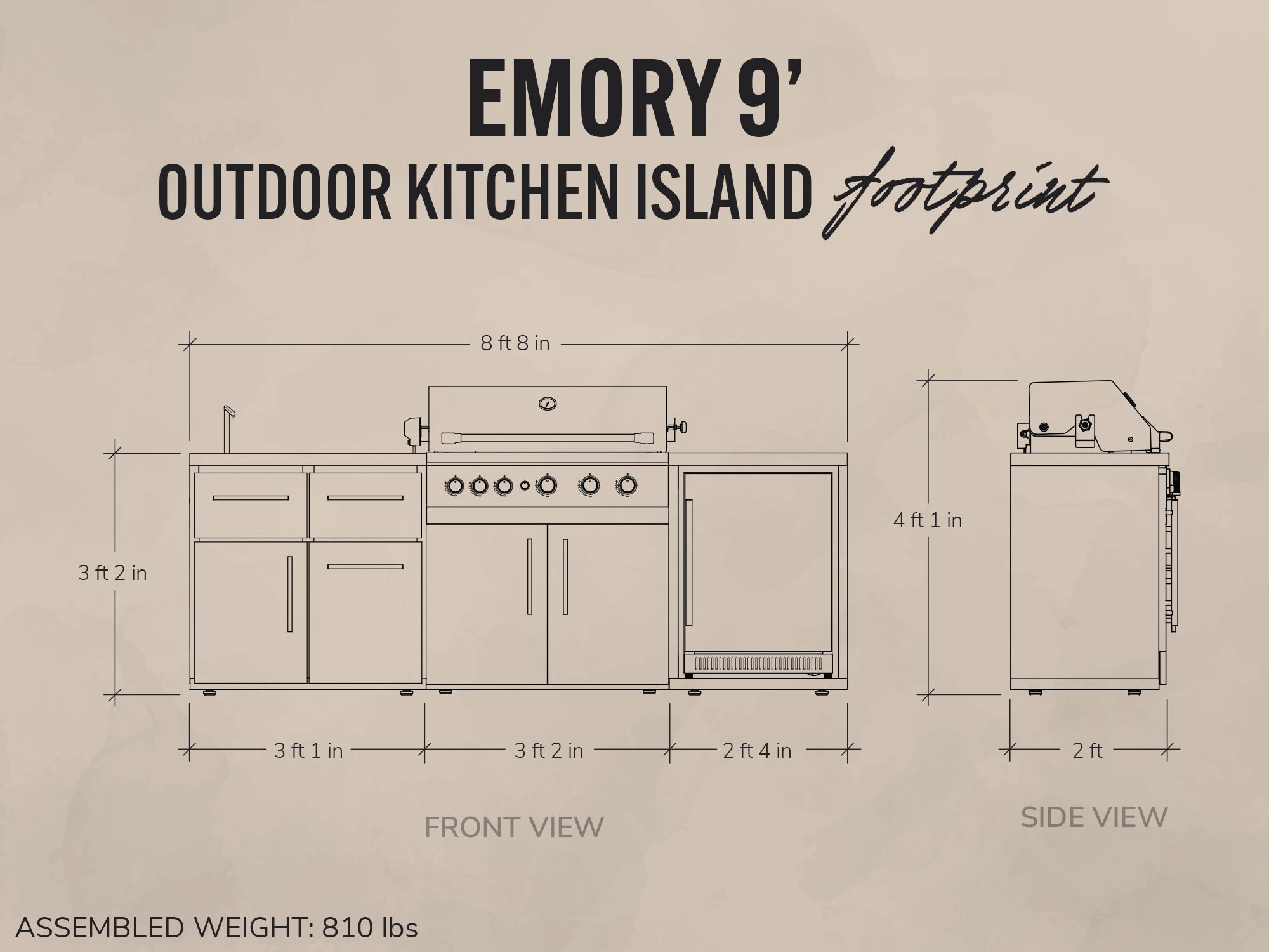 Diagram of an outdoor kitchen island with dimensions labeled on a beige background