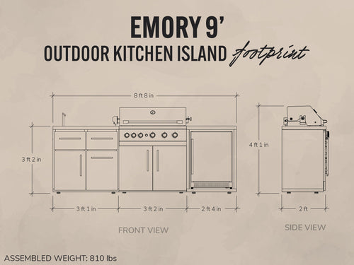 Diagram of an outdoor kitchen island with dimensions labeled on a beige background